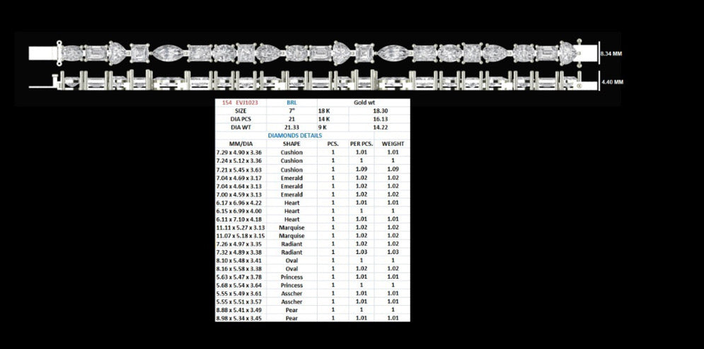 21 Carat Multi-Shape Lab-Grown Diamond Tennis Bracelet